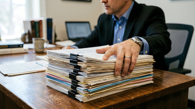 Businessman overwhelmed by paperwork on office desk