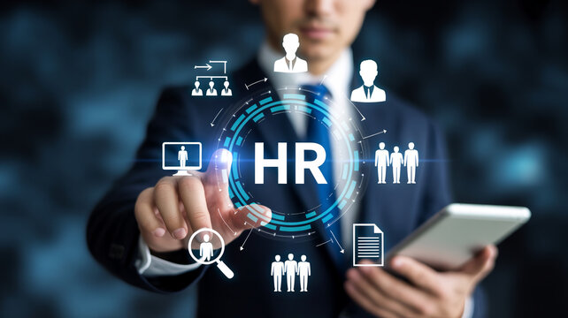 Businessman interacting with hr interface on digital screen human resources concept with icons