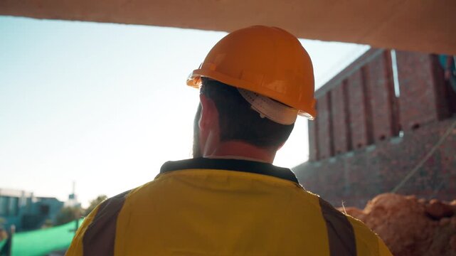 Back, construction and thinking with man outdoor for planning, property development or vision. Flare, hardhat and idea with developer on building site for architecture, civil engineering or design