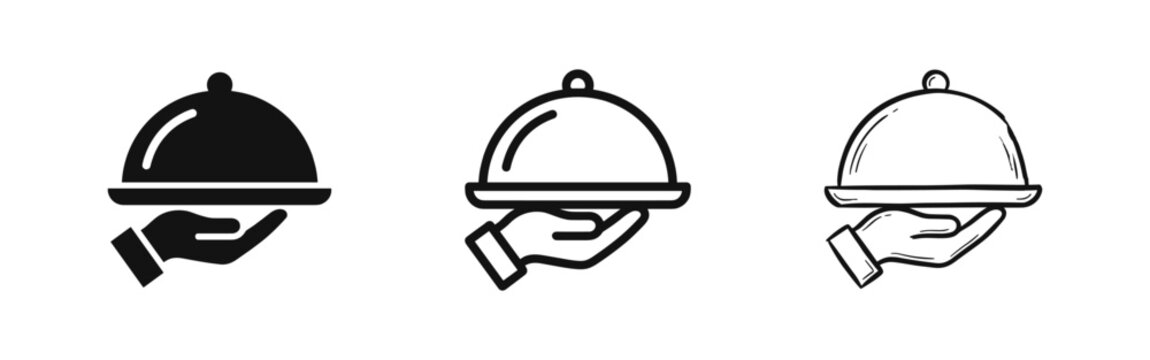 Restaurant service and food serving platter icon held by hand in solid, outline, and hand-drawn styles.