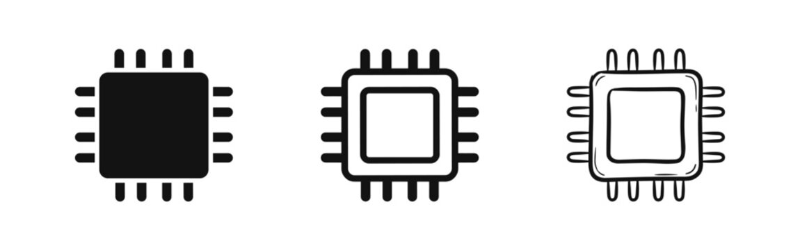 CPU microchip and computer processor icons in solid outline and hand-drawn sketch styles
