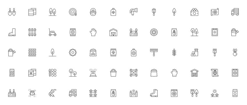 Horticulture icon set. Garden vector icons pack. Minimalist line art symbols. Featuring gardening tools, seeds, plants, flowers, farm, watering, harvest and more. Editable vector stroke.