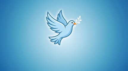 Obraz premium Peace dove illustration with olive branch, flying white bird symbol of hope on blue background, spiritual freedom and harmony concept