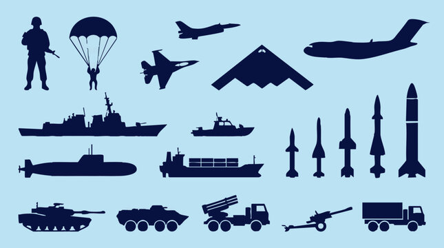 Military equipment silhouettes collection: army, navy, air force icons