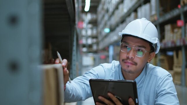 Warehouse Employee Using Tablet for Real Time Inventory Monitoring in Distribution Center.  Digital inventory monitoring and warehouse system