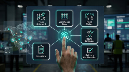 Fototapeta premium Smart logistics dashboard with digital supply chain management interface, futuristic warehouse tracking system, global distribution network technology