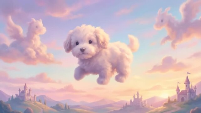 Fluffy White Cloud Puppy Floating Above Fairytale Castle in Pastel Sunset Sky