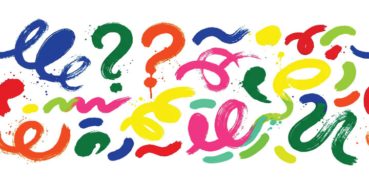 Colorful hand drawn paint brush strokes and question marks pattern