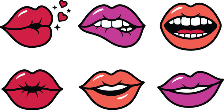 Set of Colorful Sexy Female Lips Featuring Various Expressions Including Kissing, Biting, and Smiling for Beauty Salon Branding, Cosmetic Product Labels, and Valentine's Day Social Media Graphics