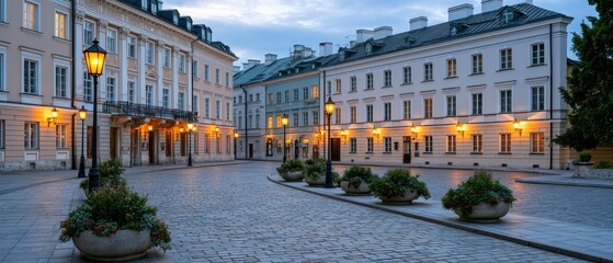 Fototapeta premium Charming courtyard with lush trees surrounded by historic residential buildings, urban oasis, peaceful living, heritage setting, community lifestyle.