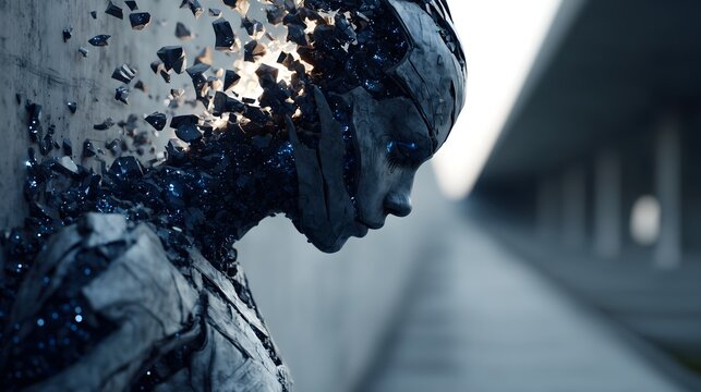 Cyberpunk character backdrop with a stone statue face shattering into pieces