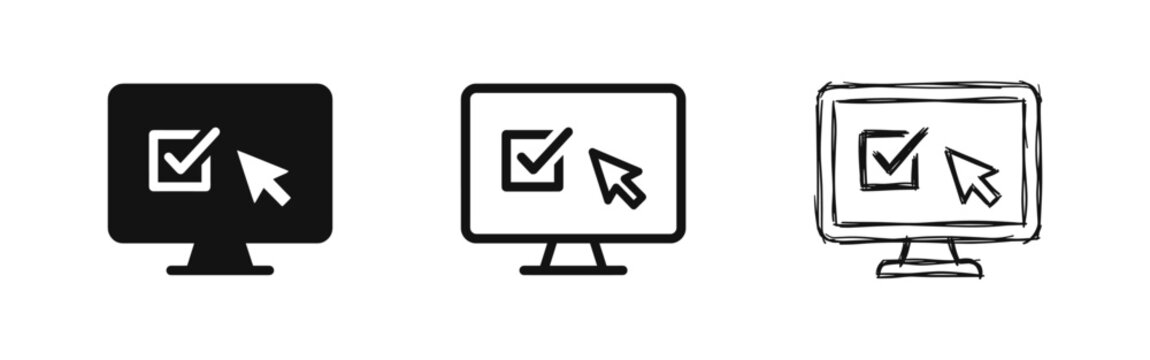 Monitor Screen with Checkmark and Cursor Icons Set for Online Voting Survey and Digital Choice