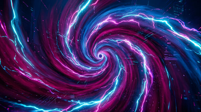 Abstract neon energy vortex tunnel with lightning, glowing pink and blue swirl, futuristic hyperspace wormhole background