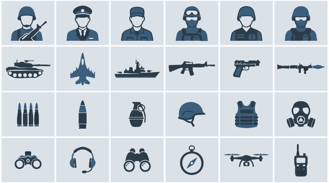 Military and army icons set with soldiers, weapons, vehicles, and equipment