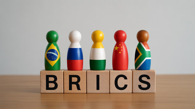 Brics nations flags on wooden figures standing on blocks