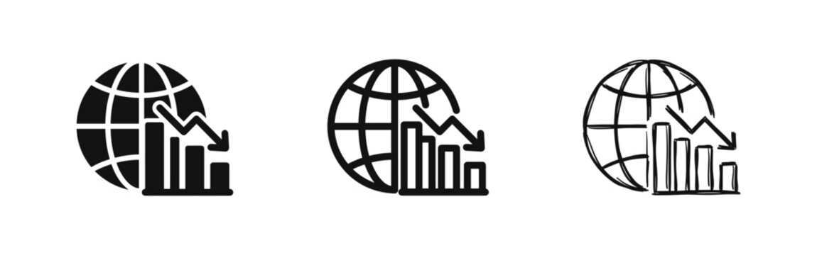 Global economic crisis icons with world globe and declining graph in three styles