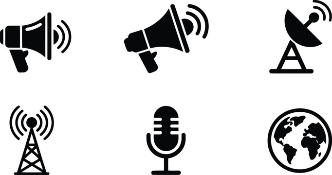 Communication technology icons set megaphones satellite dish tower microphone and global network