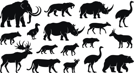 Prehistoric Animals and Ice Age Megafauna Silhouette Icon Set with Woolly Mammoth Sabertooth Tiger Rhinoceros Dodo Bird and Extinct Wildlife Vectors © Kamrun