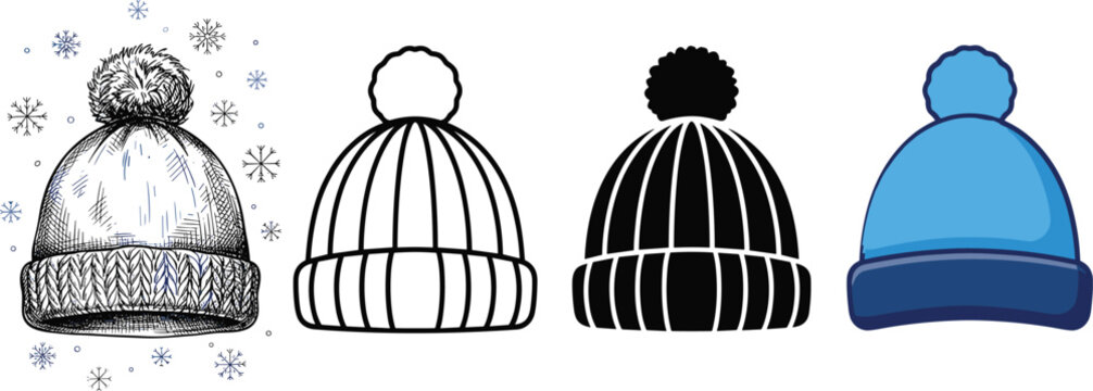 Winter Beanie Hat Icon Set with Pom Pom and Snowflakes Featuring Knitted Caps in Sketch Outline Silhouette and Color Cartoon Vector Styles