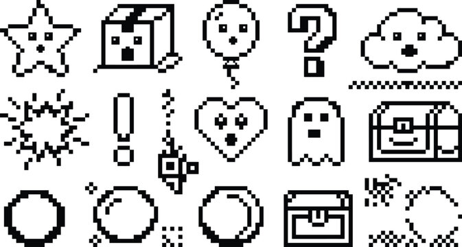 Pixel Art Game Asset Icon Set with Retro Star Box Balloon Question Mark Cloud Ghost Heart and Treasure Chest Graphic Vectors