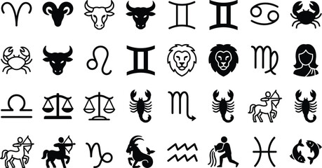 Astrology Zodiac Sign Icon Set with Horoscope Symbols for Aries Taurus Gemini Cancer Leo Virgo Libra Scorpio Sagittarius Capricorn Aquarius and Pisces © Kamrun