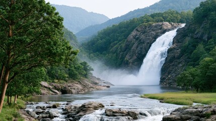 Obraz premium Panoramic waterfall system flowing through dense rainforest, natural wonder, eco tourism, scenic adventure, environmental sustainability.