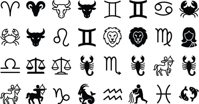 Astrology Zodiac Sign Icon Set with Horoscope Symbols for Aries Taurus Gemini Cancer Leo Virgo Libra Scorpio Sagittarius Capricorn Aquarius and Pisces