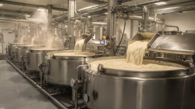 Medium shot inside a refining room showing pulping equipment and tanks handling virgin fiber slurry highlighting clean processing and advanced machinery