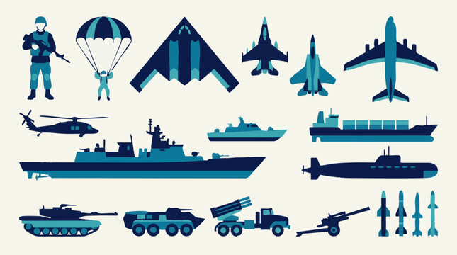 Collection of flat design military vehicles, aircraft, and naval icons