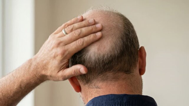 Man touching bald spot on back of head. Male pattern baldness and alopecia areata assessment. Hair loss and aging concept