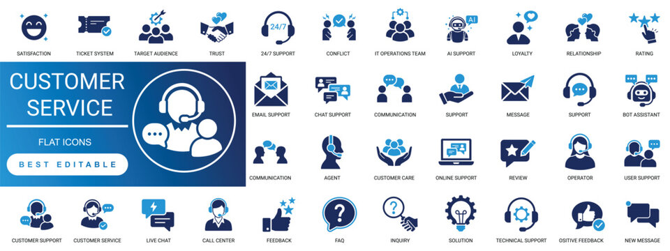 customer service solid icon set. support, help, assistance, support, agent, feedback, communication, helpline, call, online, satisfaction. editable vector illustration.