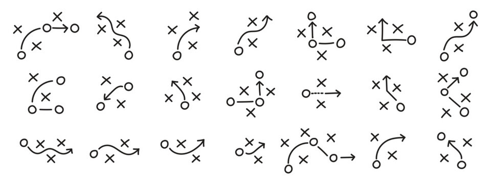 Football tactics hand drawn doodle icon set, soccer game strategy plan diagram with arrows, passes, player movement, player positions and game plan.
