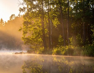 Fototapeta premium Golden sunlight bursts through misty trees, reflected in calm waters