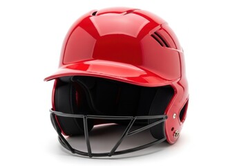 Fototapeta premium Red softball or baseball protective helmet with black face guard isolated on white background