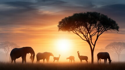 Fototapeta premium African wildlife gathering beneath an acacia tree at sunset, safari landscape, nature conservation, peaceful wilderness, iconic ecosystem.