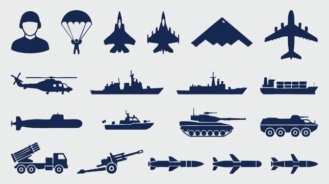 Military vehicles, aircraft, ships, and soldier silhouettes vector collection