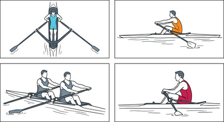 Rowing and Sculling Illustration Collection Featuring Single and Double Scull Athletes, Competitive Water Sports, and Training Vector Designs © MstShahida