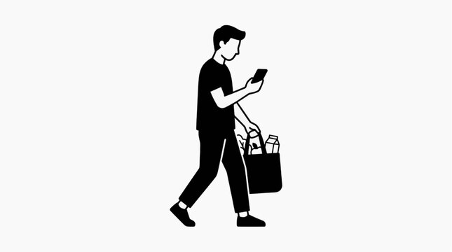 A man walks while holding a smartphone and a shopping bag filled with groceries.