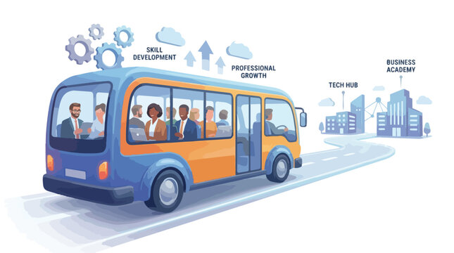Illustration of a bus carrying diverse professionals towards a tech hub and business academy symbolizing skill development and professional growth opportunities in modern urban environments