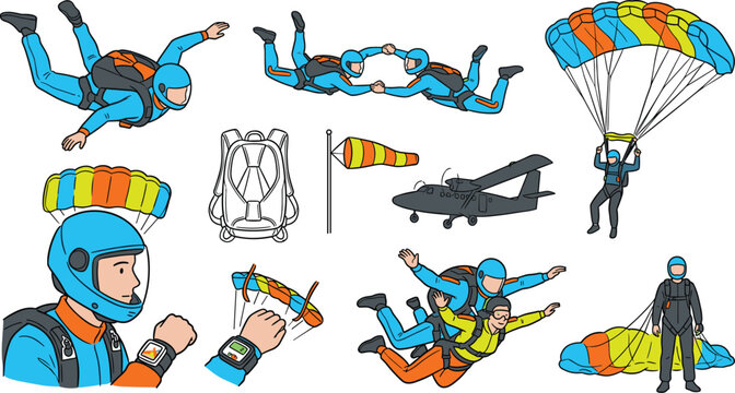 Skydiving and Parachute Sport Illustration Collection Featuring Freefall Jumpers, Tandem Skydives, Parachutes, Aviation Equipment, and Extreme Adventure Vector Designs