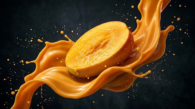 Potongan buah mangga segar tenggelam dalam ambyaran nektar jus kental melambangkan kesegaran alami dan energi vitalitas tropis