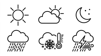 Fototapeta premium Collection of linear weather web icons representing sun, clouds, rain, snow, and storm conditions.
