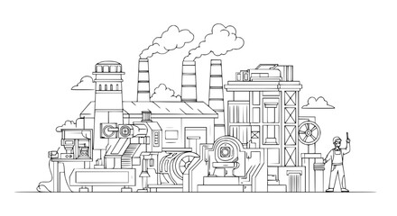 Obraz premium Industrial Factory Complex with Smoking Chimneys and Worker - Line Art