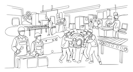 Obraz premium Manufacturing factory line workers assembling heavy machinery part on production conveyor belt