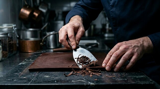 Pembuat cokelat menyerut blok cokelat hitam menggunakan alat pengeruk logam melambangkan proses artisanal dan dedikasi pada kelezatan bahan