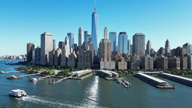 Panoramic aerial view showcasing the iconic Manhattan skyline with the majestic One World Trade Center dominating the prominent cityscape adjacent to the glistening blue waters of the harbor