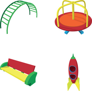 Set of colorful playground equipment, including monkey bars, a carousel, bench, and rocket slide