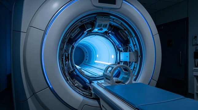 Medical Imaging: Detailed MRI Scanner Interior with Blue Illumination