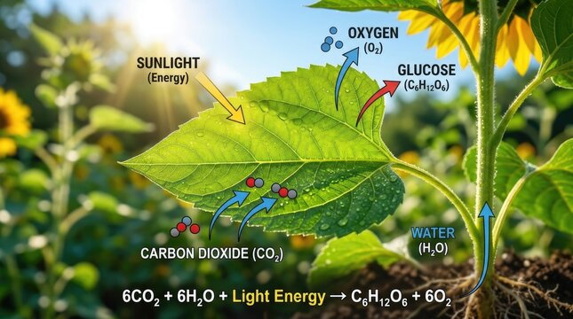 Photosynthesis, green plant leaf absorbing sunlight energy, carbon dioxide, water, producing vital oxygen, glucose sugar, essential biological conversion process, natural ecosystem.