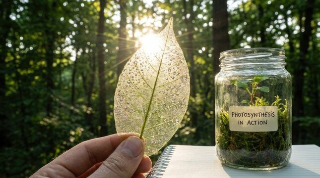 Human hand holds delicate skeleton leaf with water droplet, sunlight illuminating green forest background, glass jar contains small plant demonstrating photosynthesis.